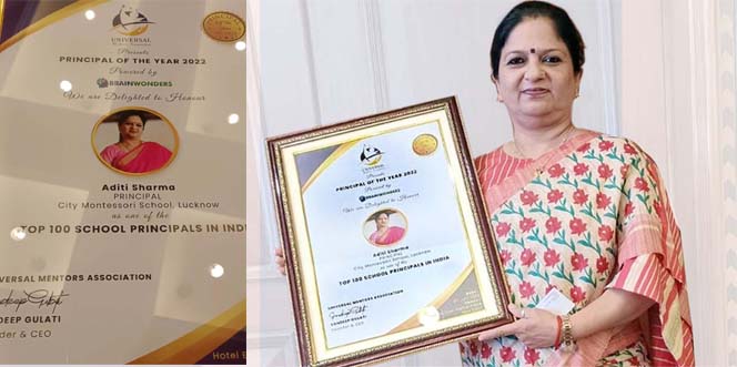 CMS Principal Mrs Aditi Sharma conferred Principal of the Year-2022 award