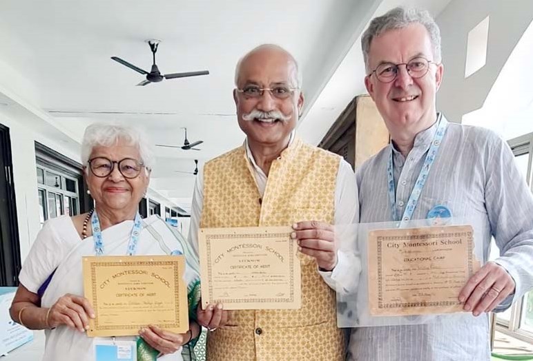 Dr Bharti Gandhi felicitates  CMS alumnus of 64 years ago