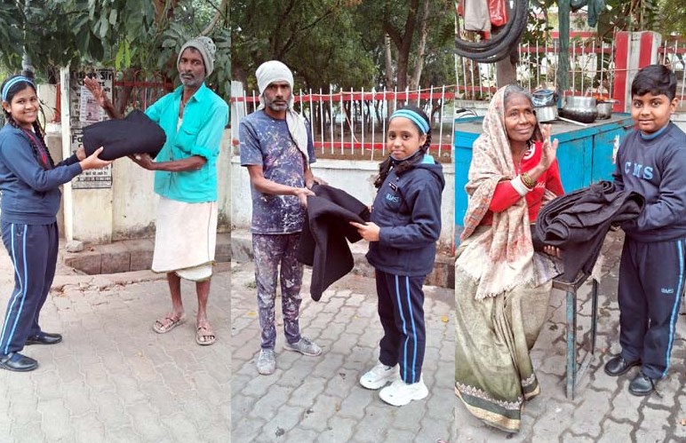 सी.एम.एस. छात्रों ने जरूरतमंदों को वितरित किये कंबल