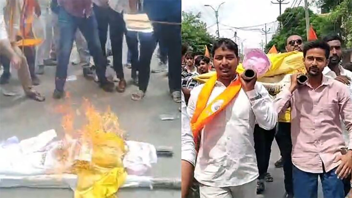 एबीवीपी का उग्र विरोध, मंत्री ओपी राजभर की शवयात्रा निकालकर फूंका पुतला
