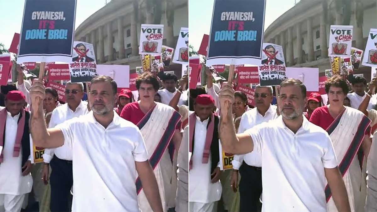 INDIA ब्लॉक के मार्च पर पुलिस की बैरिकेडिंग, राहुल गांधी-प्रियंका गांधी धरने पर बैठे; Election Commission के बाहर बढ़ा सियासी घमासान
